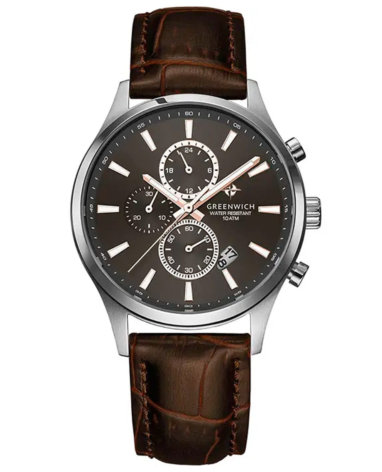 Greenwich Greenwich Navigator GW 053.12.34  GW 053.12.34 кварцевые мужские часы коричневый циферблат, браслет кожаный — вид спереди